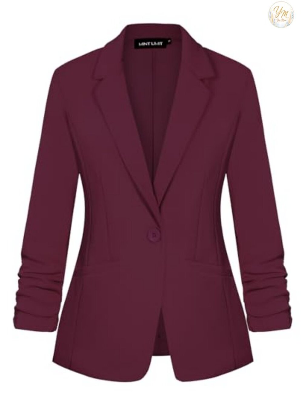 Womens 3/4 Ruched Sleeve Blazer Open Front Button Work Jacket
